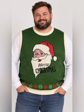 My Christmas Party Sweater Santa Claus Ugly X-mas Sweater Vest Green & White XXL